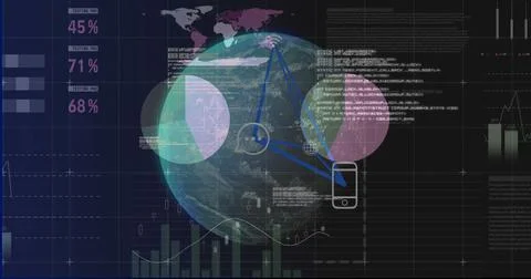 Displaying 3D digital globe rotating on virtual dashboard, with smartphone icon 스톡 일러스트