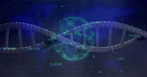 Displaying 3D DNA double helix spanning dashboard with globe network, silhouette Illustrazione stock