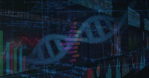 Displaying 3D DNA helix integrating overlaid charts in digital analytics wall, Stock Illustration