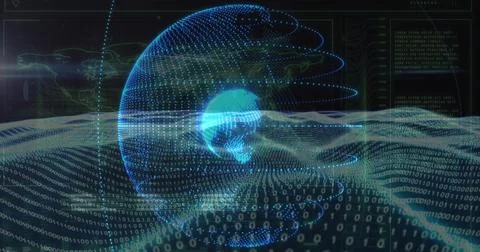 Displaying 3D dotted globe glowing at core in virtual cyberspace, with streaming 写真素材