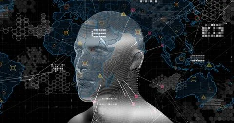 Displaying 3D dotted head mesh connecting to global map grid in virtual HUD, Stock Photos