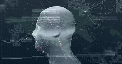 Displaying 3D dotted mesh head in data interface, with network nodes and Stock Illustration