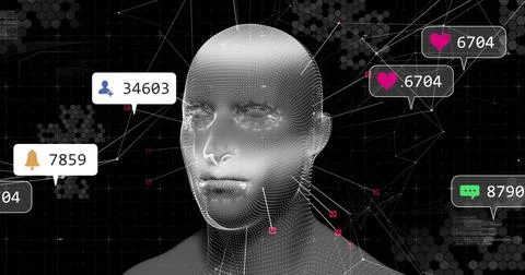 Displaying 3D dotted wireframe head showing red data tags and notification icons Stock Photos
