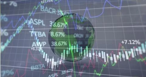 Displaying 3D Earth on dashboard with candlesticks graphs percentages tickers 스톡 일러스트