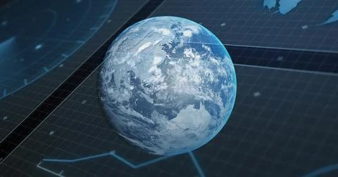 Displaying 3D Earth globe floating above grid plane in futuristic data 库存插图