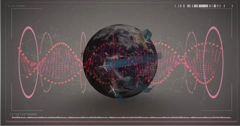 Displaying 3D Earth globe on grey interface background, with arrows, red Stock Illustration