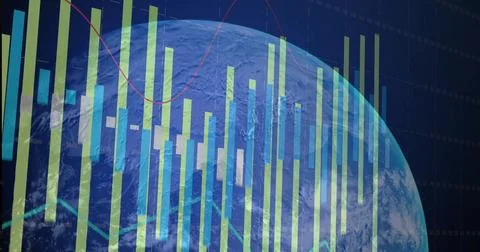 Displaying 3D Earth globe overlaying bar columns over dark grid backdrop with Stock Illustration