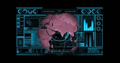 Displaying 3D Earth globe pulsing in pink with radial grid on digital dashboard, Illustrazione stock
