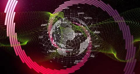 Displaying 3D Earth globe rotating in interface, with numeric labels, waveforms Stock Illustration