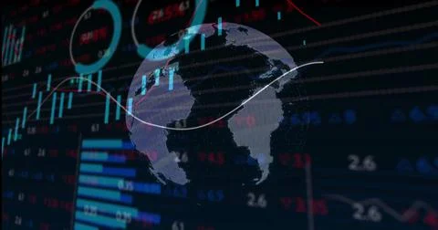 Displaying 3D Earth globe rotating on data dashboard, with white trend line, bar Illustrazione stock