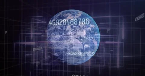 Displaying 3D Earth globe rotating in data space, with floating numeric strings, 스톡 일러스트