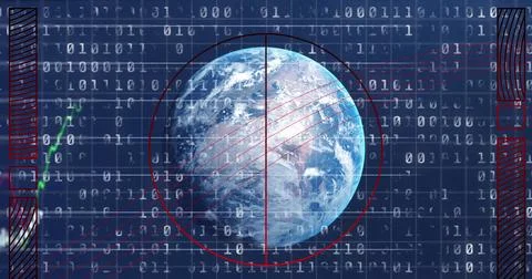 Displaying 3D Earth globe rotating on data interface, with binary code, red Foto stock