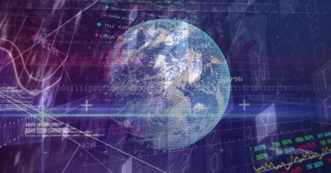 Displaying 3D Earth globe rotating in high-tech interface, with stock tickers Stockfoto's