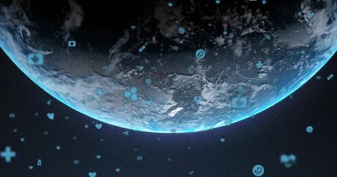 Displaying 3D Earth globe rotating at space horizon, with blue health and tech Stock Photos