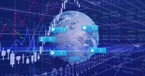 Displaying 3D Earth globe rotating on dashboard, with floating candlestick Stock Photos