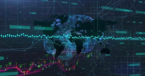 Displaying 3D Earth rotating within analytics dashboard, with network nodes and Foto stock