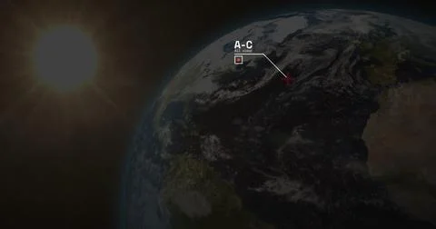 Displaying 3D Earth showing western half from orbit, with sun, red-cross marker, Stock Illustration