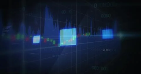 Displaying 3D finance data floating in dark grid interface, with glowing panels Stock Illustration