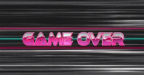 Displaying 3D GAME OVER text on game screen, with glitchy static and neon Stock Illustration