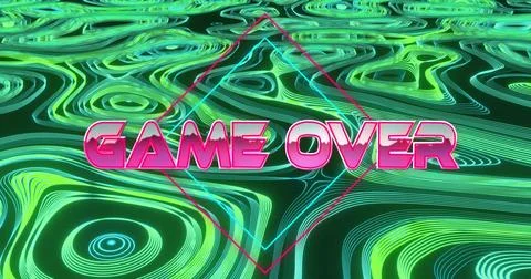Displaying 3D GAME OVER text floating in neon green teal grid, with magenta cyan Stock Photos