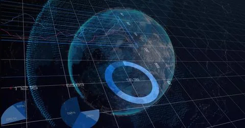 Displaying 3D globe in data display with grid overlay, ring or pie charts, line Illustrazione stock