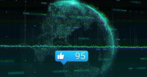Displaying 3D globe in data interface with colorful waveform numeric labels like Stock Illustration