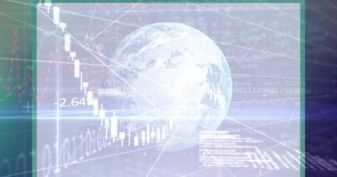 Displaying 3D globe floating over financial dashboard, with line graphs, Stock Photos