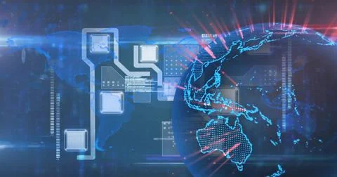 Displaying 3D globe glowing right in digital dashboard with HUD panels, node Stock-Illustration