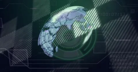 Displaying 3D globe with hex grid in digital interface, showing scanning rings Stockfoto's