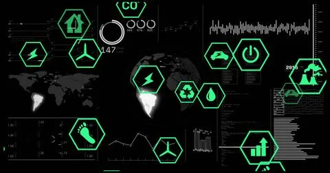 Displaying 3D globe highlighting Americas on virtual dashboard with neon gree Stockillustratie