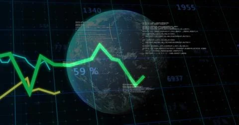 Displaying 3D globe in HUD, showing neon green, yellow graphs ending in down Stockillustratie