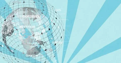 Displaying 3D globe occupying left in banner, showing grid lines, node markers, Stockillustratie