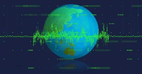 Displaying 3D globe pulsating with green waveform on dashboard, numeric labels Stock Illustration