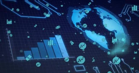 Displaying 3D globe right and rising bar chart left in digital grid interface, Stock Photos