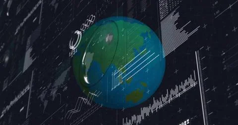 Displaying 3D globe rotating on analytics dashboard, showing rings, line graphs Illustrazione stock