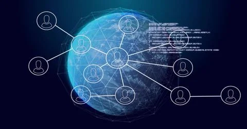 Displaying 3D globe rotating in cyberspace, with mesh overlay linking avatar Stock Illustration