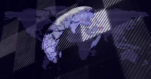 Displaying 3D globe rotating on dark dashboard interface, with world map grid Stock Illustration