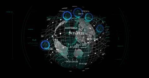 Displaying 3D globe rotating on dark HUD showing wireframe, network nodes, cyan Stock Illustration