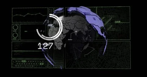 Displaying 3D globe rotating in dashboard, with progress circle, numeric readout Stock Photos