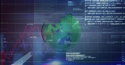 Displaying 3D globe rotating on digital dashboard, with trend lines and perce Stock-Illustration