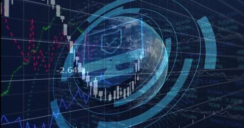 Displaying 3D globe rotating in virtual finance interface, with candlestick イラスト素材