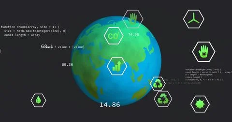 Displaying 3D globe rotating on virtual UI, featuring hex icons, climate metrics Illustrazione stock