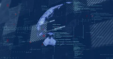 Displaying 3D globe rotating on virtual dashboard, showing code blocks, numeric Illustrazione stock