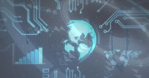 Displaying 3D globe rotating on virtual dashboard, with grid overlay, circuit Stock Photos