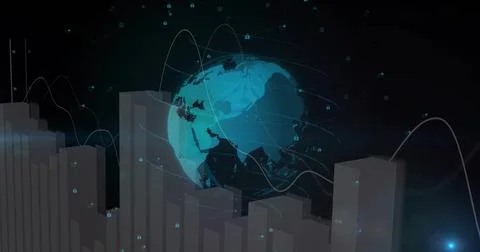 Displaying 3D globe rotating in visualization space, with bar charts, curved Illustrazione stock