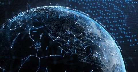 Displaying 3D globe rotating within starfield, with glowing data nodes, data Stock Photos