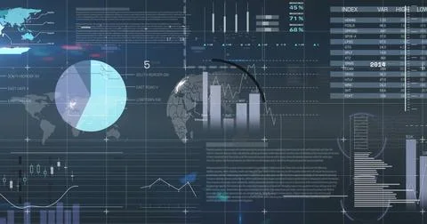 Displaying 3D globe showing bar chart and line plot in virtual dashboard, with Stock Illustration