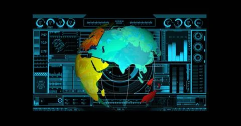 Displaying 3D globe showing colored continents at console featuring data panels 库存插图
