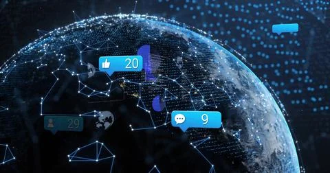 Displaying 3D globe showing network mesh in data space, with thumbs-up chat 스톡 사진