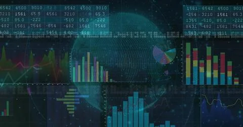 Displaying 3D globe streaming binary code in analytics dashboard, with bar an Stock Illustration